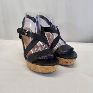 Franco Sarto Stallion Wedge Sandal Black Leather Size 9.5